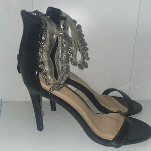 Black heels bejeweled ankle strap heels glossy faux patent leather heels